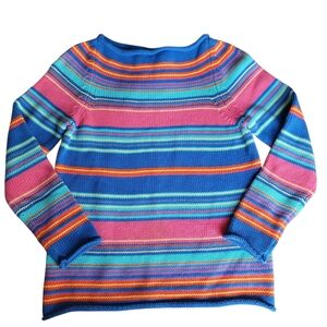 VTG Lauren Ralph Lauren Petite Bold Stripe 100% Cotton Rolled Boat Neck Sweater